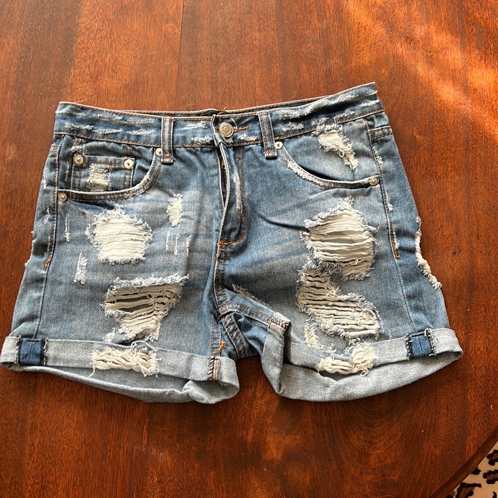 AKIRA Distressed Light Blue Denim Jean Shorts